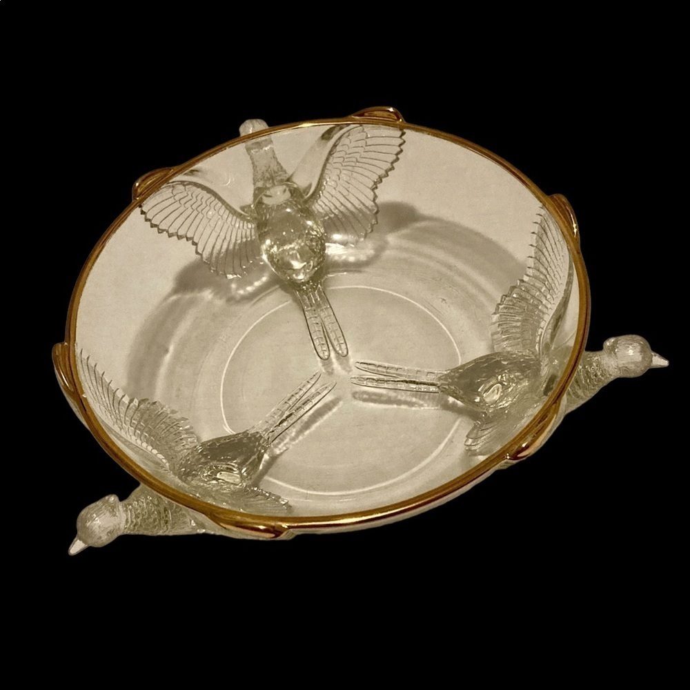 Jeanette Glass - Footed Pheasant Bowl - Console Bowl - 22 k Gold Trim